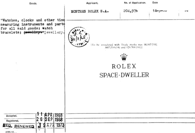 ROLEX SPACE-DWELLER | Rolex SA trademark | trade.mar.cx (7129)