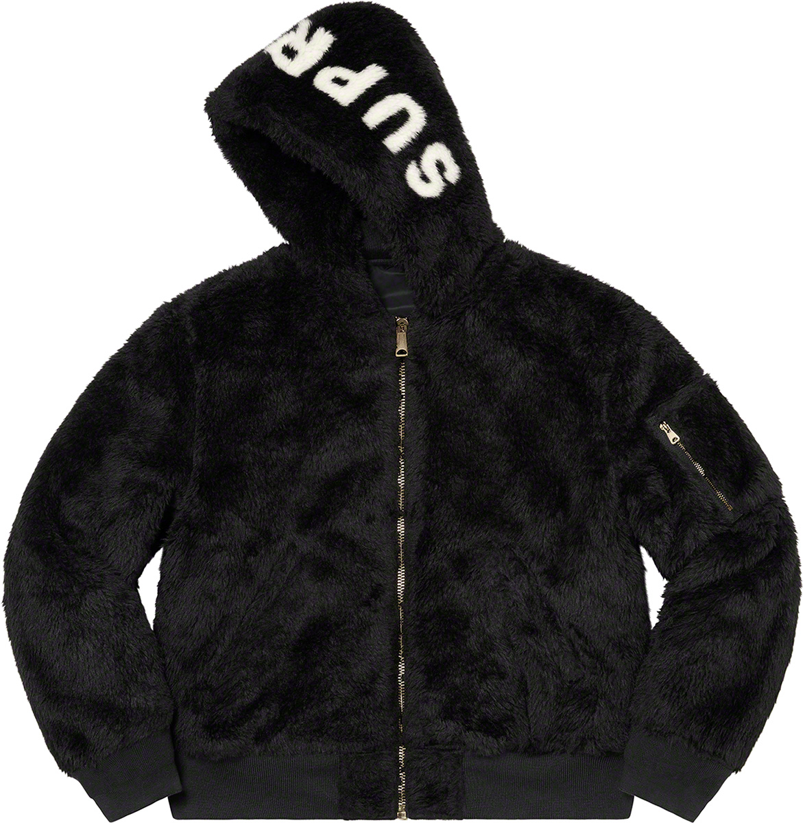 Water resistant nylon flight satin twill with fill and full zip closure. Snap flap hand pockets at lower front with utility pocket at sleeve. Embroidered logo on chest. Faux fur reverse side with welt hand pockets at lower front and utility pocket at sleeve. Faux fur jacquard logo at hood. Made by Alpha Industries exclusively for Supreme.